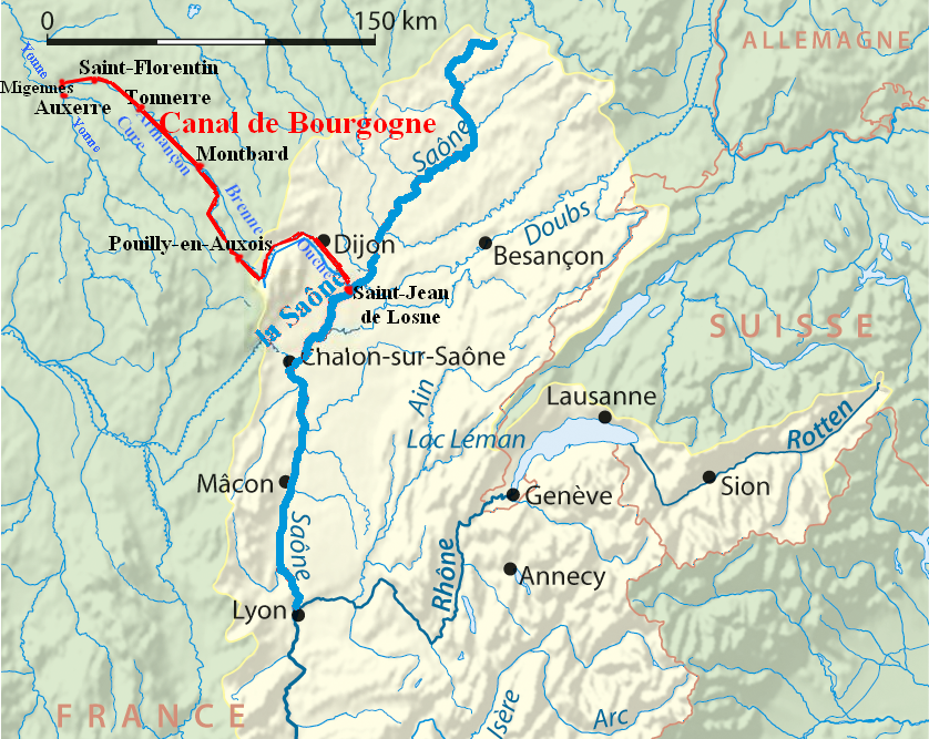 Tracé du canal de Bourgogne entre Seine et Saône.