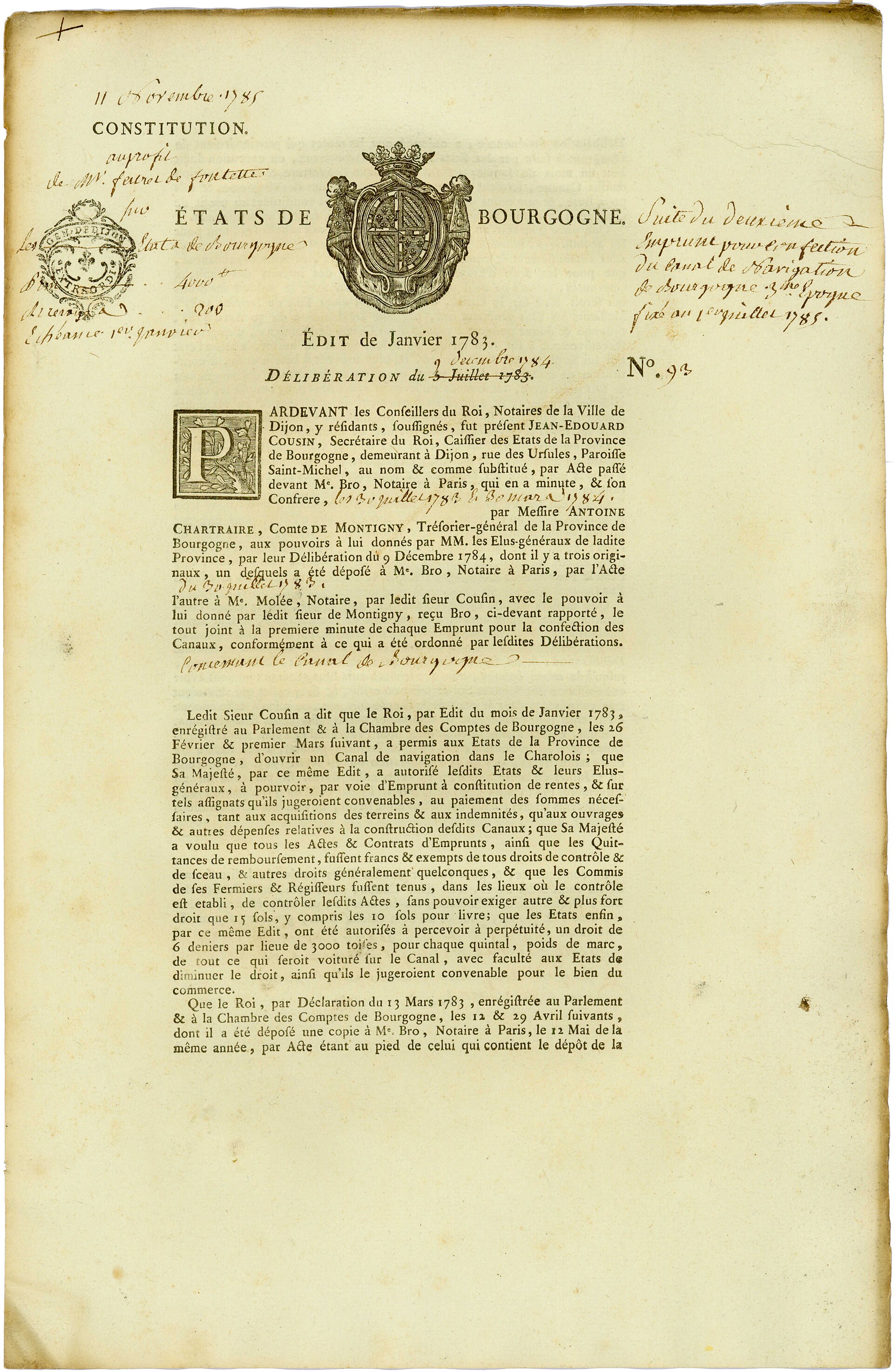 Obligation des États de Bourgogne (1785).